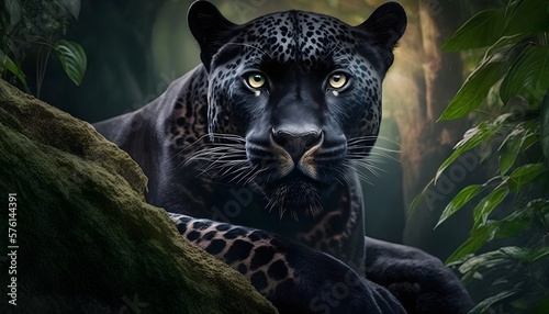 A black jaguar in the amazon rain forest - digital art