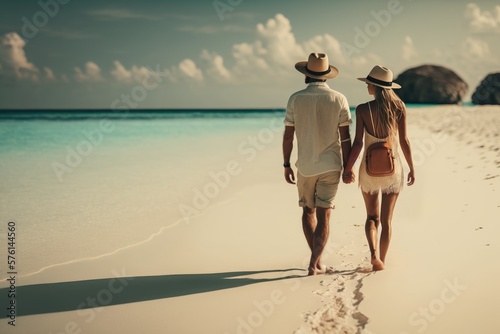couple walking on a empty caribbean beach in the sun
