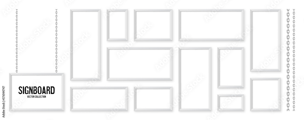 White signboards hanging on a metal chain. Restaurant menu board. Modern poster mockup. Blank photo or picture frame. Advertising or presentation boards. Street banner. Vector illustration