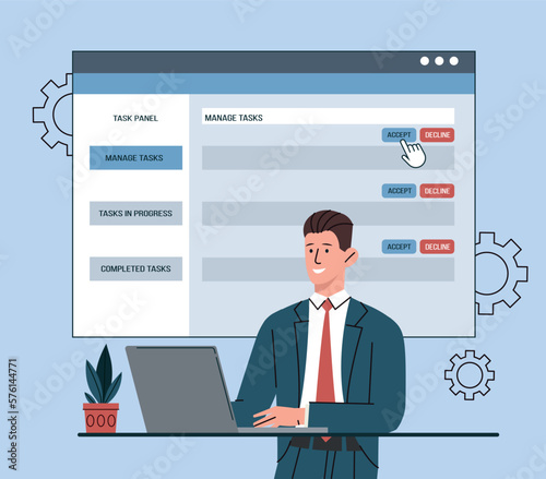 Accept tasks concept. Man with laptop makes schedule and sets goals. Motivation and leadership. Strategy and planning, time management and efficient workflow. Cartoon flat vector illustration