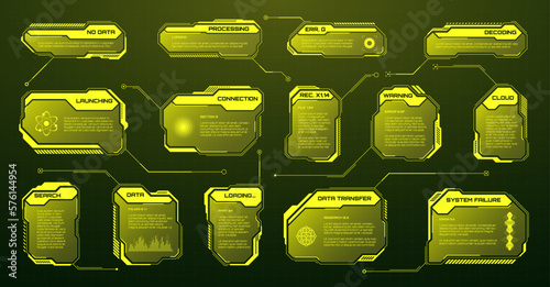 Yellow futuristic HUD, UI elements. Sci-fi user interface text boxes, callouts. Warning message frames, information boxes template. Modern game interface layout in digital style. Vector illustration