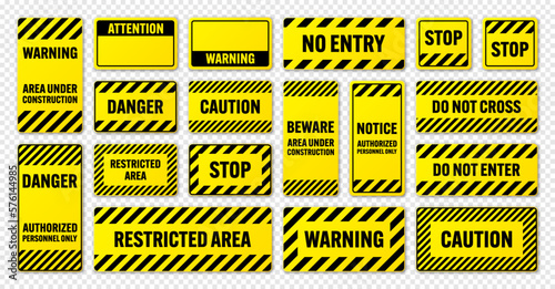 Various black and yellow warning signs with diagonal lines. Attention, danger or caution sign, construction site signage. Realistic notice signboard, warning banner, road shield. Vector illustration © 32 pixels