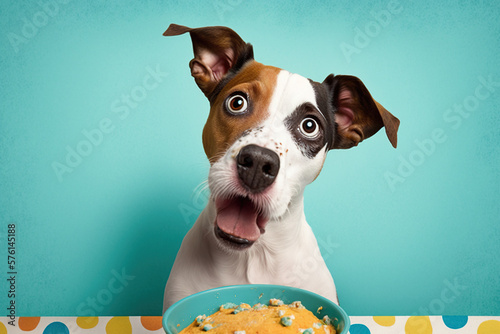 Cute dog as a food critic on colored background, concept of Humor and Critique, created with Generative AI technology