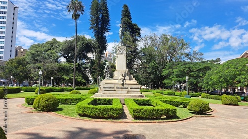 Poços de Caldas, Minas Gerais, Brazil - February 26, 2023. Monument Minas ao Brasil in Praça Pedro Sanches. Central square in Poços de Caldas.