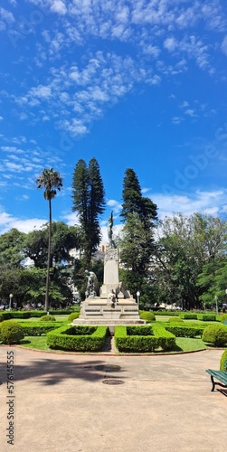 Poços de Caldas, Minas Gerais, Brazil - February 26, 2023. Monument Minas ao Brasil in Praça Pedro Sanches. Central square in Poços de Caldas.