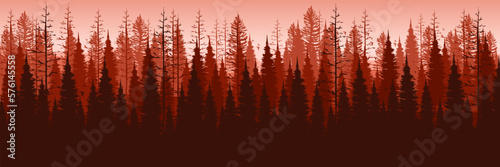 sunrise pine tree forest landscape silhouette vector illustration good for travel design, wallpaper, banner, background, web banner, ads banner, tourism banner, wallpaper, and background template