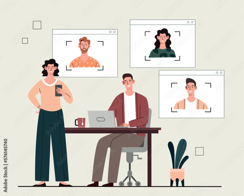 Recruiting agents concept. Man and woman with laptop evaluating workers, candidates for vacancy. Expansion of staff and recruitment. HR managers in workplace. Cartoon flat vector illustration
