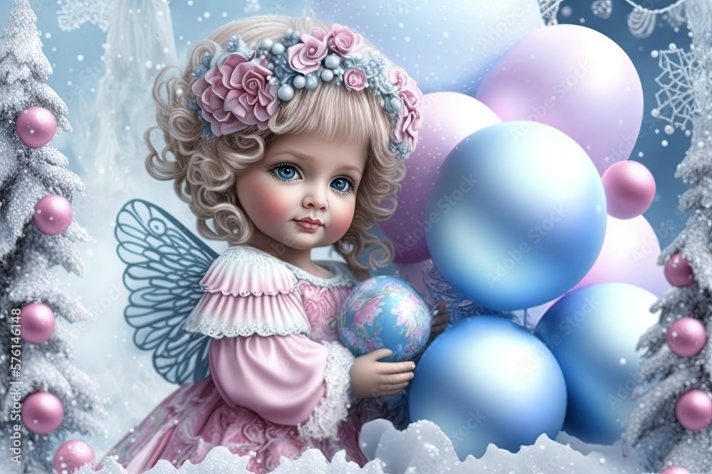 Princess doll with wreath, angel wings and blue dress holding blue and pink balloons. Christmas trees and snow on background. Holiday celebration, christmas, invitation, card, poster. Generative AI. 