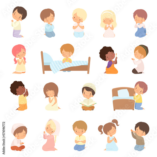 Little Kid Kneeling and Praying with Folded Hands Big Vector Set