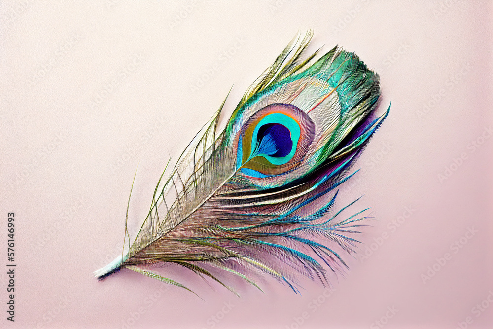 Fototapeta premium Flat lay image with single peacock feather on pastel colored background