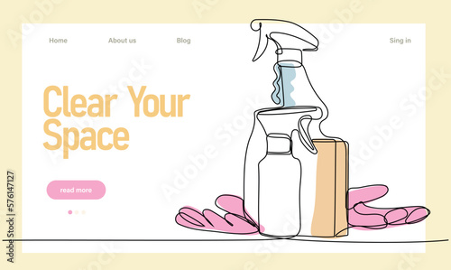 Home cleaning service landing page design concept, illustration of janitors with cleaning tools. Vector illustration