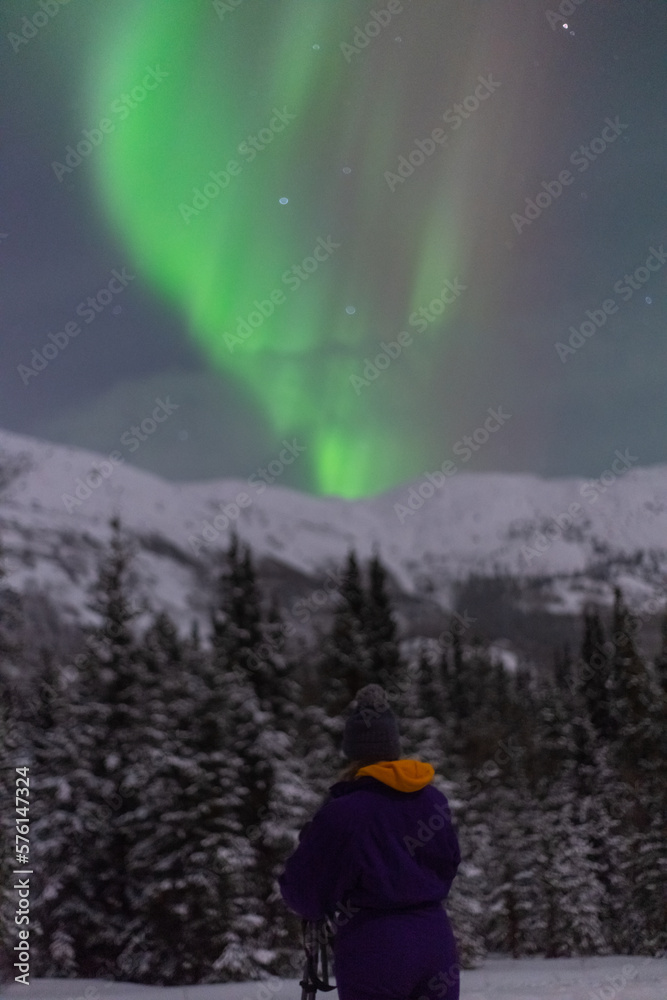 Stunning Aurora Borealis Lights seen in northern Canada during winter time with snow capped mountain in foreground. 