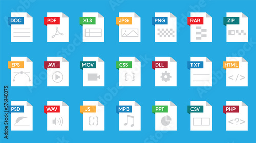 File format flat icon set. Document file icons vector set 10 eps.