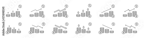Increase, decrease money icon. Growth money icons. Increase, decrease finance icon collection. EPS 10