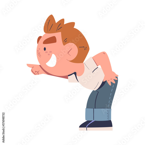 Hoodlum boy with evil smile mocking at someone pointing with his finger, bad child behavior, school bullying cartoon vector