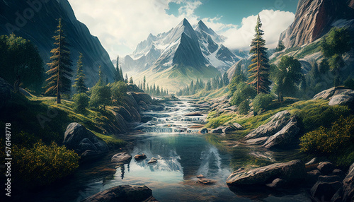 serene mountain landscape  with crystal clear streams and lush green forests