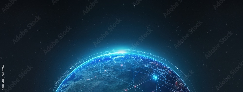 image of the planet Earth in space experimental fiber-optic communications and Internet communications, generative AI image of the planet Earth in space experimental fiber-optic communications and Internet communications, generative AI
