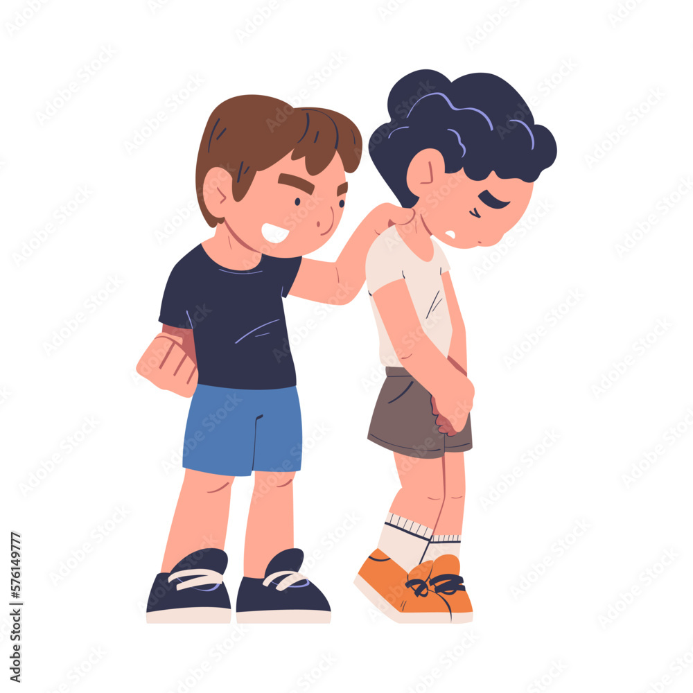 Sad boy being bullied by his schoolmate. Mockery and bullying at school cartoon vector illustration Sad boy being bullied by his schoolmate. Mockery and bullying at school cartoon vector illustration