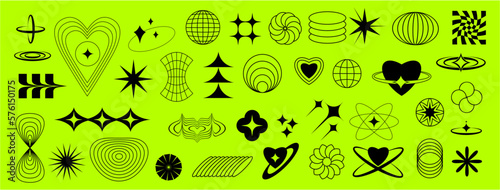 Título: Set Retro futuristic elements for design. Collection of abstract graphic geometric symbols. Templates for posters, banners, stickers