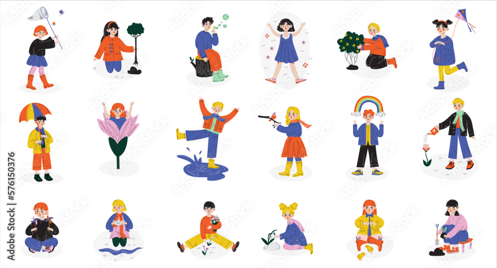 Happy children walking outdoors in spring time set. Boys and girls walking under umbrella, watering flowers, planting trees and catching butterflies with net cartoon vector Illustration