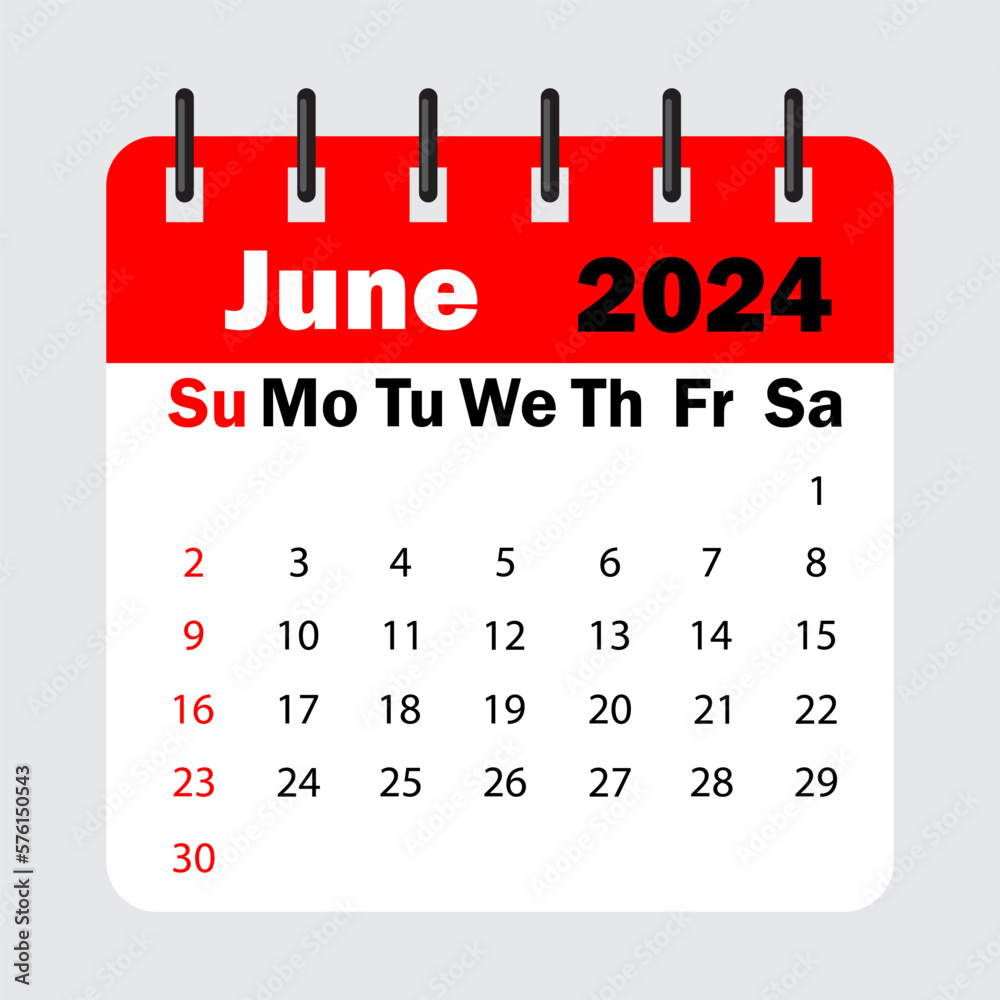 red calendar leaf spring. June 2024 calendar. Calendar sheet with days