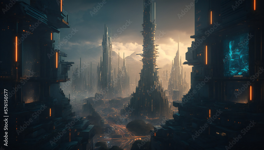 Asgard world of the gods - home of the Aesir - Cyberpunk landscape - German Mythologies - Generative AI