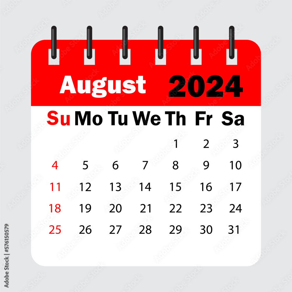 red calendar leaf spring. August 2024 calendar. Calendar sheet with