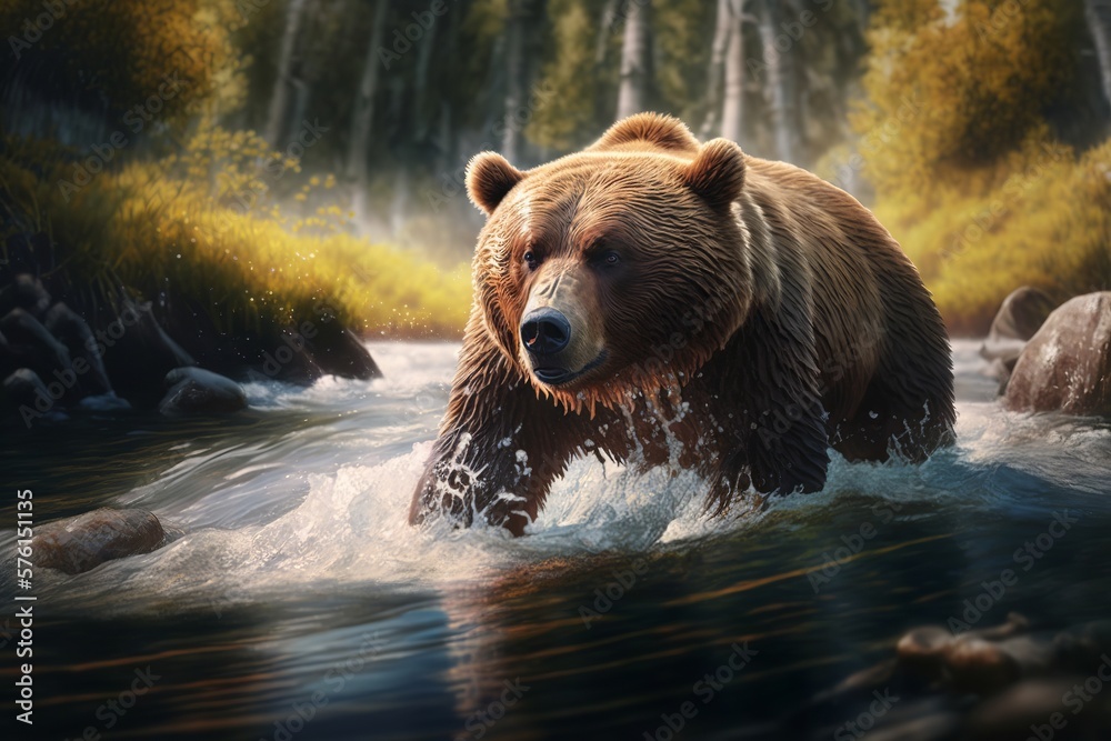 Grizzly bear swims in the river. Wildlife scene. Generative AI Grizzly bear swims in the river. Wildlife scene. Generative AI