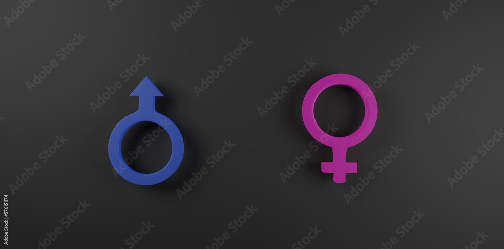 Pink woman sign and Blue man sign with black background for business equality human rights and gender concept using. Illustration 3D - obrazy, fototapety, plakaty 