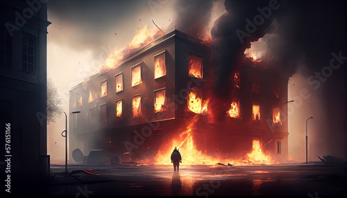Firemen fighting a fire in a burning building. Generative AI