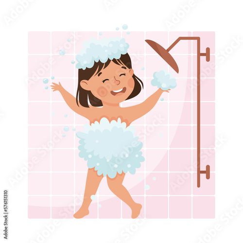 Cute girl taking shower. Happy kid doing everyday hygiene activities cartoon vector illustration