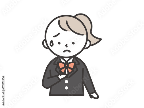 冷や汗をかいて胸に手をあてる不安な表情をした女子学生（ブレザー）