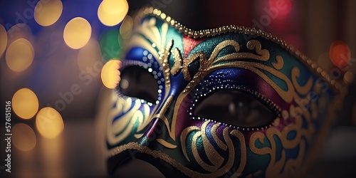 Mardi Gras masquerade mask. Venetian carnival celebration party. Colorful gold mystery theater festival background. © Fox Ave Designs