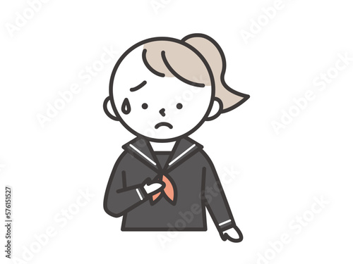 冷や汗をかいて胸に手をあてる不安な表情をした女子学生（セーラー服）