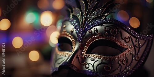 Mardi Gras masquerade mask. Venetian carnival celebration party. Colorful gold mystery theater festival background. © Fox Ave Designs