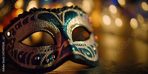 Mardi Gras masquerade mask. Venetian carnival celebration party. Colorful gold mystery theater festival background.
