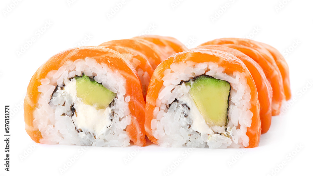 Delicious sushi rolls with salmon on white background Delicious sushi rolls with salmon on white background