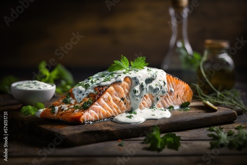 Grilled salmon with yogurt sauce and fresh herbs IA
