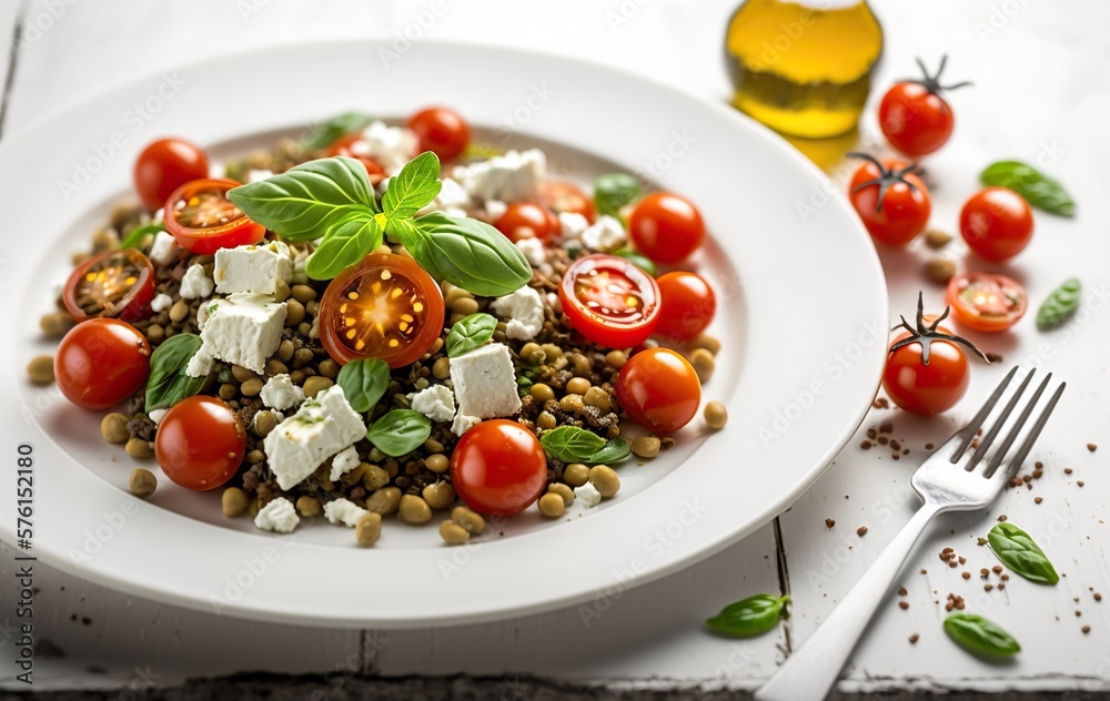 Lentil salad with cherry tomatoes and feta cheese IA