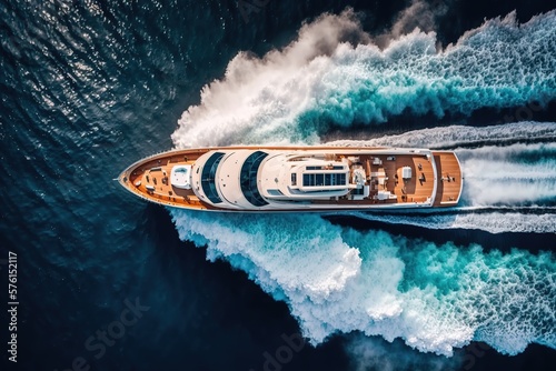 Aerial drone ultra-wide panoramic photo of the beautiful modern super yacht with wooden deck cruising in high speed deep blue open ocean sea 