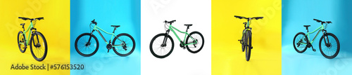 Collage with photos of bicycle on different color backgrounds, banner design