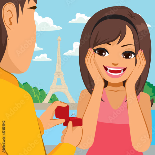 Vector illustration of young man proposing marriage to girlfriend. Concept drawing of idyllic vacation on Paris. Boyfriend giving diamond engagement ring to woman