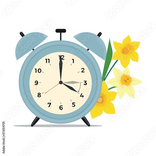 Clocks with Narcissus. Change your clocks card for Spring Forward. Hand drawn spring forward
