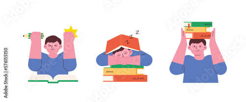 Education and Personal growth illustration. Gesture boy showing willingness to study. books and students.