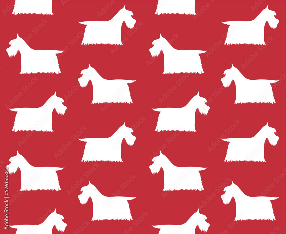 Vector seamless pattern of hand drawn Scottish terrier dog silhouette isolated on red background
