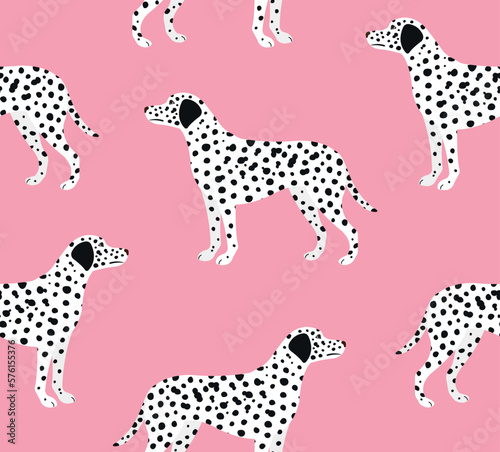 Vector seamless pattern of flat hand drawn dalmatian dog isolated on pink background