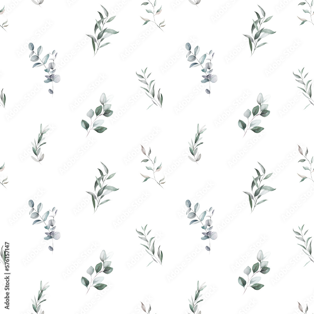 Seamless watercolor floral pattern - green leaves and branches composition on white background, perfect for wrappers, wallpapers, postcards, fabric, greeting cards, wedding invites, prints, fashion.
