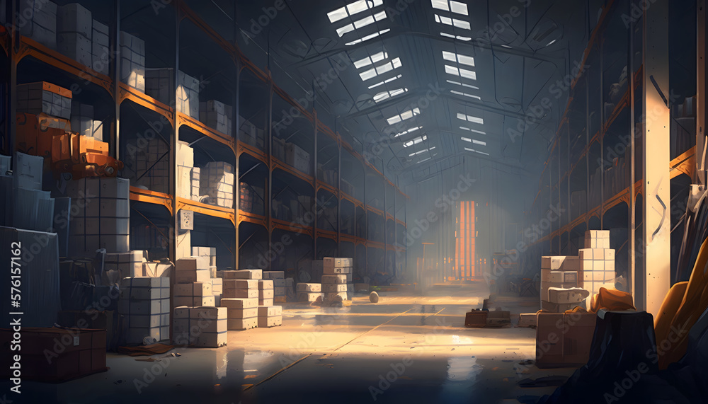 Huge distribution warehouse with high shelves and loaders. Bottom view Huge distribution warehouse with high shelves and loaders. Bottom view