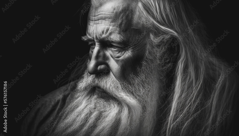 Black and white portrait of old man with long white hair and wrinkles on his wise face. generative AI