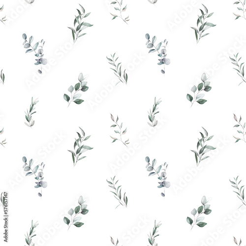 Seamless watercolor floral pattern - green leaves and branches composition on white background, perfect for wrappers, wallpapers, postcards, fabric, greeting cards, wedding invites, prints, fashion.